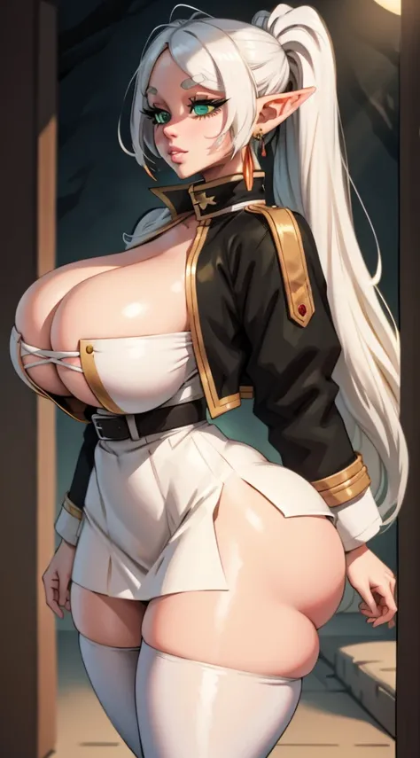 1 ,  white hair,  long hair,  two side ponytails on both sides,  green eyes,  pointed ears,  big boobs,  big ass,  thick thighs,  wide hips, cintura fina,  white overcoat with gold edges , striped clothes,  black pantyhose, white skirt with gold edges 