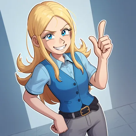  score_9_up, score_8_up, score_7_up, BREAK, JFMstudios, 1girl, solo, white collared shirt, blue vest, black belt, gray pants, black shoes, blue eyes, eye lashes, blonde hair, smile, hand on hip, short sleeves, long hair, thumbs up 