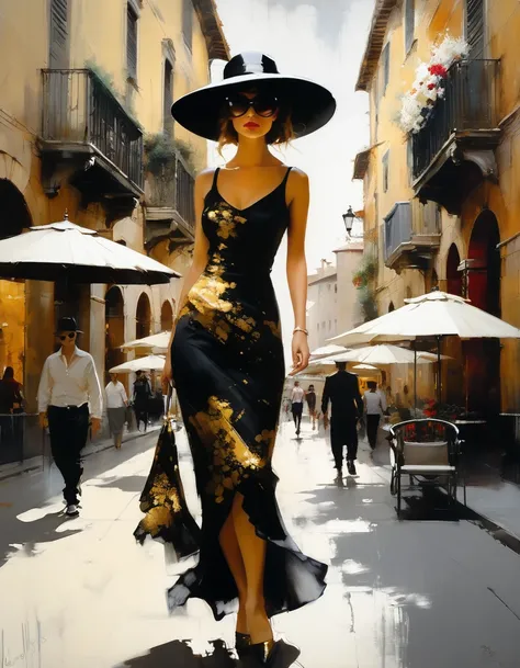 painting of a young girl, with a BLACK, white, and gold dress, SUNGLASSES, ELEGANT hat...ON THE STREETS OF VERONA.. ITALY.. ((WIDE VIEW))))BACKGROUND LANDSCAPE WITH NATURAL, REALISTIC COLORS AND SOFT, , 10am...lots of flowers, ,,,, upright posture, partial...