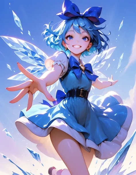 1girl, solo, cirno, blue hair, wings, blue eyes, bow, hair bow, ice, smile, dress, short hair, grin, blue dress, ice wings, blue bow, ribbon, outstretched arms 