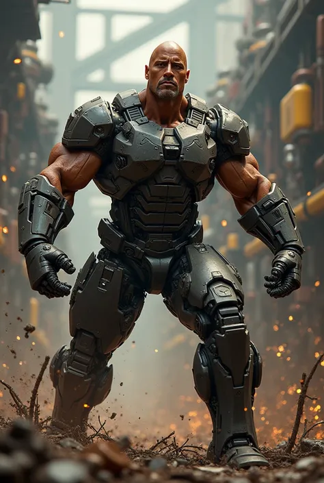 Dwayne Johnson smashing a robot to pieces