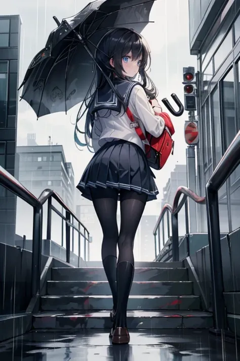  high resolution,8k, very detailed, top quality, Masterpiece, 1 woman(165cm tall, serious expression,( black hair,long hair),  pale blue eyes , medium breast), (( high school girl uniform :1.4), pleated skirt, black tights,ribbon(red), loafers ),  backpack...