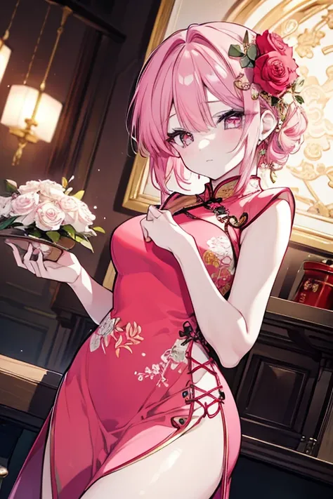 A beautiful detailed girl with short pink hair, a stern expression and cold eyes, wearing a revealing cheongsam dress with a gold rose embroidery, looking down on the viewer, ultra-detailed, photorealistic, 8k, masterpiece