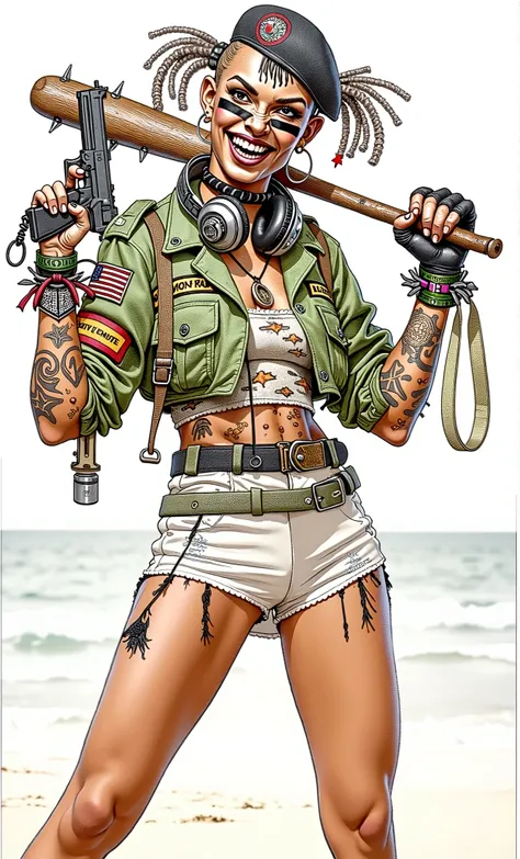 Create a colorful bold line vector illustration of  Create an illustration of a fierce female character standing confidently on a beach. She has a tough, rebellious look, sporting a military-style green jacket adorned with patches, including an American fl...