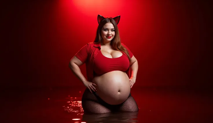 Real high quality pictures of pregnant Spanish women with pale brown skin, Beautiful mature woman (((  big breast with a futuristic gun ,  big breast with a futuristic gun , nsfw))) ,  very large cat ears   ,background:Dark Red,   single spotlight from abo...