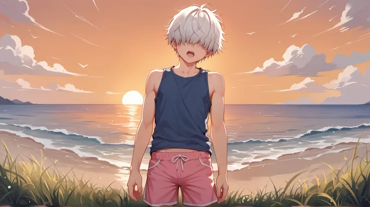 score_9_up, score_8_up, score_7_up, 1boy, solo, source_anime, , ((sfw, rating: general)), (, young boy) BREAK 

Messy hair, white hair, Bob cut, hair covered eyes BREAK 

 Blue shirt, sleeveless, pink shorts BREAK 

Open mouth, emotionless, facing at side,...