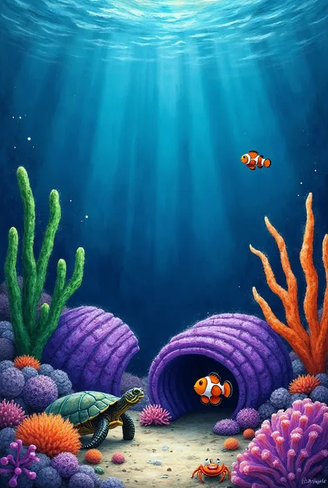  Image of the bottom of the dark blue sea ,  on the left a green algae with three branches , In front of a turtle ,  below two large purple shells and in front a clownfish entering a house made of a pack of purple Cheetos flamin'hot.  On the right side of ...