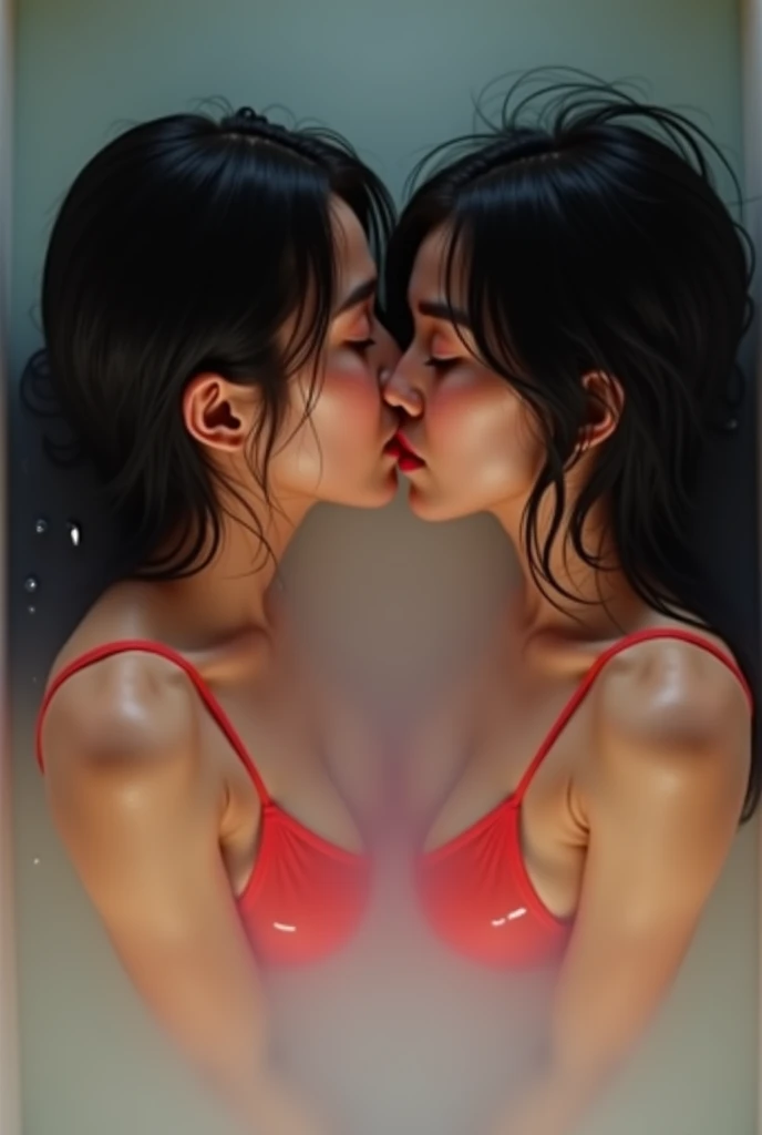 in the bathroom, in the bathtub, open air bath.,  Indian idol couple soaking up to their shoulders ,  Eyes Closed,  Indian idol couple kissing deeply ,  black hair,  bikini red, The water is cloudy ,  high resolution sweatshirt,  professional lighting , Hi...