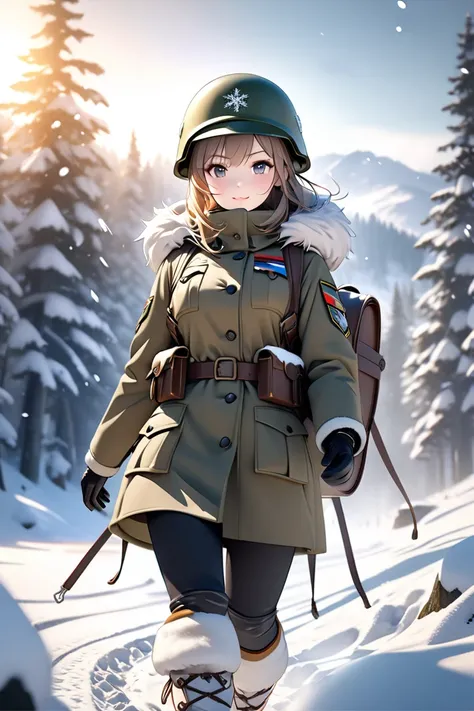  Lonely German Female Soldier Walking on a Snowy Winter Battlefield,  Old German Army Winter Camouflage Helmet 、 Old German Army Winter Military Uniform 、 Wears thick, hooded warm gear with bushy fur、White Snow Boots 、 Large White Military Backpack 、 Beaut...