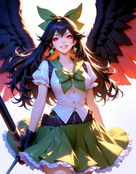 1girl, solo, reiuji utsuho, weapon, wings, long hair, red eyes, skirt, green skirt, bow, hair bow, arm cannon, green bow, third eye, smile, cape, grin, shirt, brown hair, short sleeves, black wings, looking at viewer, black hair, frilled skirt, puffy sleev...