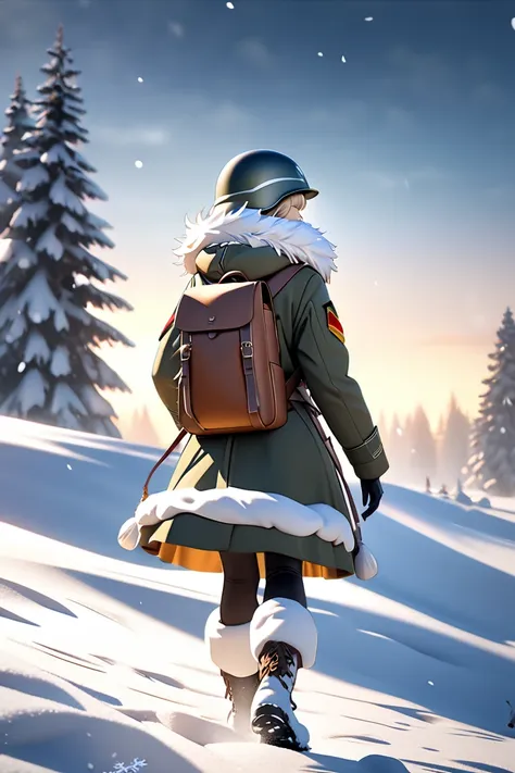  Lonely German Female Soldier Walking on a Snowy Winter Battlefield,  Old German Army Winter Camouflage Helmet 、 Old German Army Winter Military Uniform 、 Wears thick, hooded warm gear with bushy fur、White Snow Boots 、 Large White Military Backpack 、 Beaut...