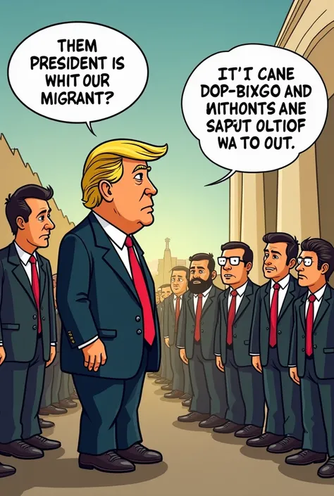 Create a cartoon with humorous dialogues about the President of the United States taking out Mexican migrants