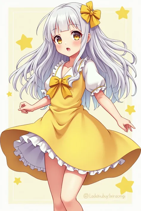 Idol Girl.  Is action painting  ,  long white hair, Part of her hair unravels 、 the other part has 2 star shaped boxes . Yellow and white dress. The idol has to be  anime style and very beautiful. But I&#39; I don't want it to be vulgar or too small .,  I ...