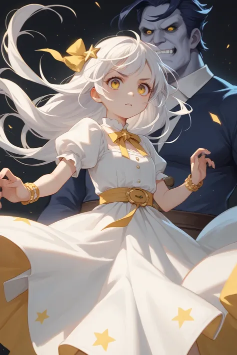 Idol Girl.  Is action painting  ,  long white hair, Part of her hair unravels 、 the other part has 2 star shaped boxes . Yellow and white dress. The idol has to be  anime style and very beautiful. But I&#39; I don't want it to be vulgar or too small .,  I ...