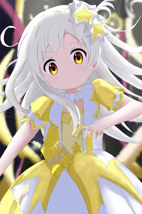 Idol Girl.  Is action painting  ,  long white hair, Part of her hair unravels 、 the other part has 2 star shaped boxes . Yellow and white dress. The idol has to be  anime style and very beautiful. But I&#39; I don't want it to be vulgar or too small .,  I ...