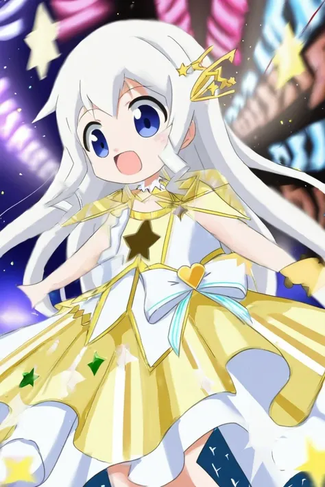 Idol Girl.  Is action painting  ,  long white hair, Part of her hair unravels 、 the other part has 2 star shaped boxes . Yellow and white dress. The idol has to be  anime style and very beautiful. But I&#39; I don't want it to be vulgar or too small .,  I ...