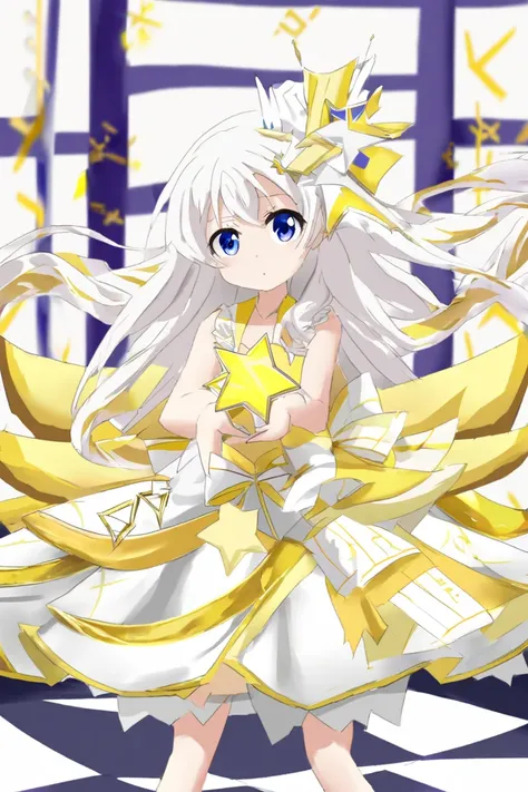 Idol Girl.  Is action painting  ,  long white hair, Part of her hair unravels 、 the other part has 2 star shaped boxes . Yellow and white dress. The idol has to be  anime style and very beautiful. But I&#39; I don't want it to be vulgar or too small .,  I ...