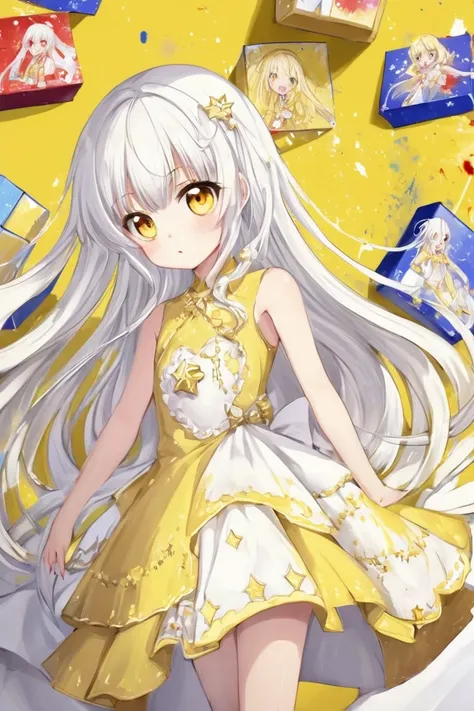 Idol Girl.  Is action painting  ,  long white hair, Part of her hair unravels 、 the other part has 2 star shaped boxes . Yellow and white dress. The idol has to be  anime style and very beautiful. But I&#39; I don't want it to be vulgar or too small .,  I ...