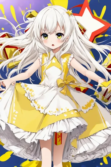 Idol Girl.  Is action painting  ,  long white hair, Part of her hair unravels 、 the other part has 2 star shaped boxes . Yellow and white dress. The idol has to be  anime style and very beautiful. But I&#39; I don't want it to be vulgar or too small .,  I ...