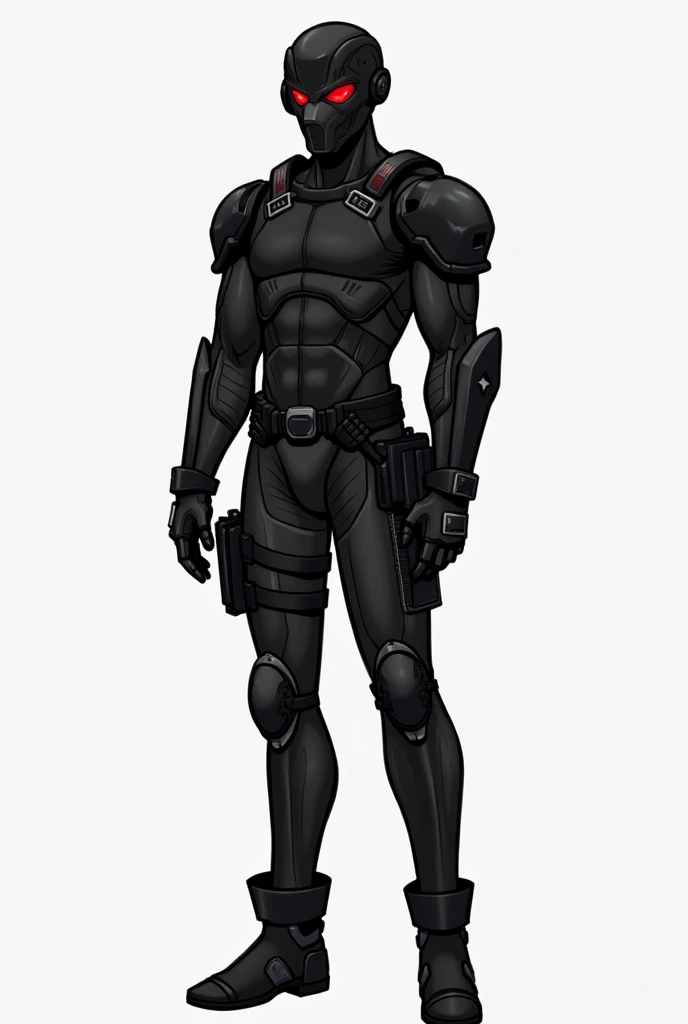 male, red eyes, robot, (((1boyl))), (((black full body tactical bodysuit))), (black gauntlets), (black boots), (black shoulder guards), (black hip guards), (black tactical helmet), (black face mask), (black tactical belt), long legs, muscular
