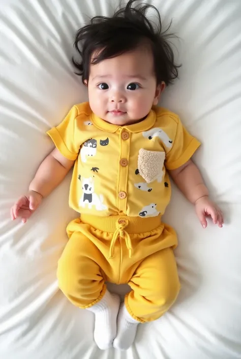  A beautiful baby boy is lying on a white sheet.  She has dark and messy hair ,  expressive eyes, fair skin and delicate mouth . Wear a yellow blouse printed with animals,  buttons on the collar and fluffy pocket .  The yellow ribbed pants have a drawstrin...