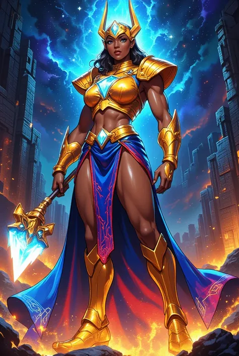 Illustrate a powerful African-inspired female character, radiating cosmic energy in a style inspired by Jack Kirby’s New Gods. She has a tall, striking physique with thick, muscular thighs and a full, curvaceous figure, especially in her hips and legs, emb...