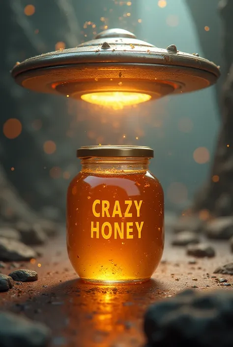 Jar of honey,With the word crazy honey written in the middle,And alien saucer flying over the jar with lots of flashes of light