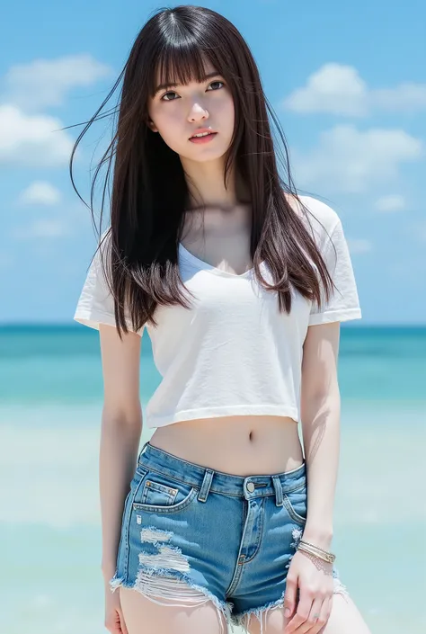 Young woman standing by the pool, 8K RAW photo beauty:2.0, 8K RAW photo beauty:2.0, (with bangs), dark brown long hair, showing great face and black eyes, staring into the camera, armpits visible, vibrant pose,(((tight crop top and distressed denim shorts:...