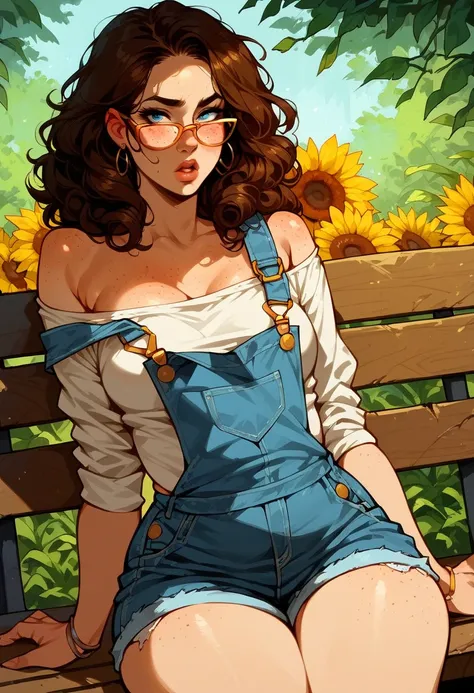 outdoor sunflower farm background, solo, 1woman, pale skin, freckles, small breasts, curvy hips, thick thighs, brown hair, long curly hair, blue eyes, sitting on bench, hip focus, mature, chubby, , golden big glasses, maternal, ((off-shoulder overalls)), (...