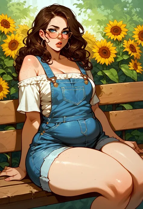 outdoor sunflower farm background, solo, 1woman, pale skin, freckles, small breasts, curvy hips, thick thighs, brown hair, long curly hair, blue eyes, sitting on bench, hip focus, mature, chubby, , golden big glasses, maternal, ((off-shoulder overalls)), (...