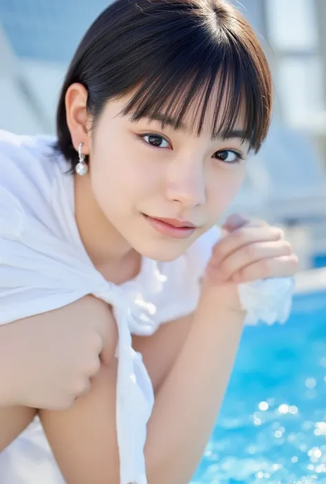  HD、 detailed depiction of up to the front door、 very small swimsuit、 by leaning forward、 is leaning forward and looking at me、blue sky、 The background is a pool、 white skin、 bright sunlight、