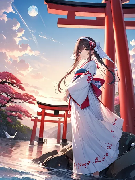  Digital Art、8k、 Max Image Quality、 Beautiful World 、peace、Torii that reaches above the sea、Shrine maiden