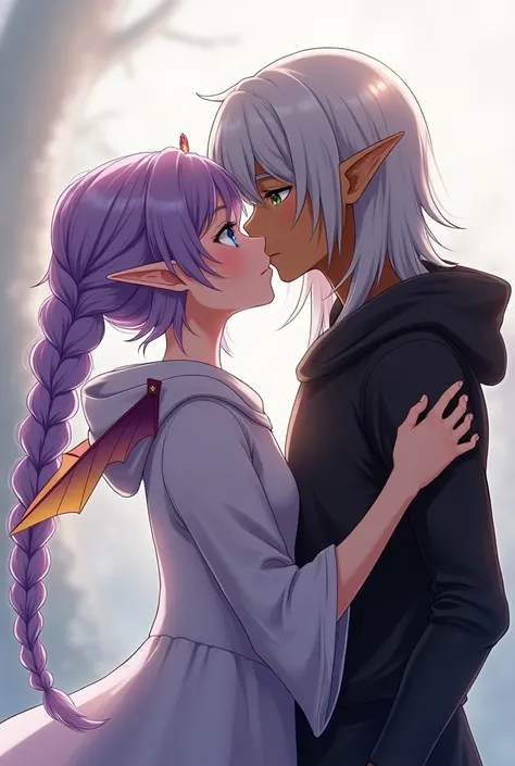 anime human girl with light purple hair in a long back braid, blue eyes, purple and golden wings, in a hooded dress kissing a male elf with dark brown skin, green eyes, shoulder length silver hair, and black clothing