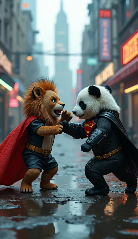 Baby Panda Uses Superman Costume, Fight against a baby lion in Batman costume, the backdrop of a cyberpunk city that has been melted down