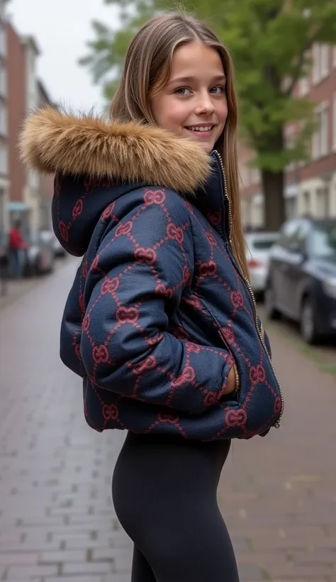 Backside diagonally photo from side behind of a sweaty hot wet cute beautiful sunkissed tan tanned blonde darkblonde longhaired furtuned dutch spanish young posing age femboy wearing dull canvas darkblue and plum gucciprint cropped short puffer jacket. Hug...