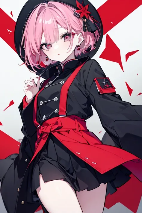  made in China、 cool girl、 short hair、 pink hair、Jet Black Eyes、Long, sharp eyes、A dignified face、 beautiful face、胸元を強調した made in China、 miniskirt、Earrings、Cold gaze、Sharp Eye、 look down、despise、murderous eyes、 red eyeshadow、 red lips、 long lashes、 sexy co...