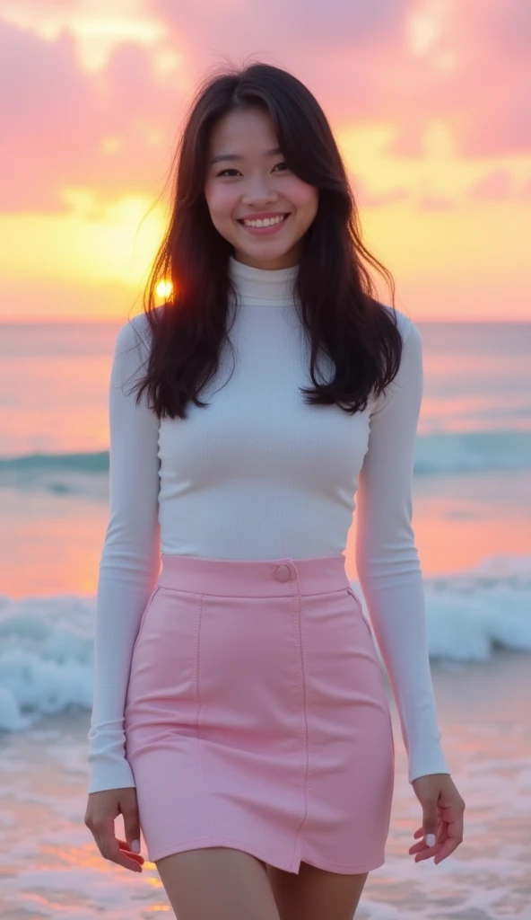 Lisa, 19-year-old young woman, symmetrical face with soft features and a gentle smile, fair and radiant skin, medium-length black hair, relaxed and happy expression, fitted white turtleneck and pastel pink high-waisted mini skirt, standing barefoot on the ...