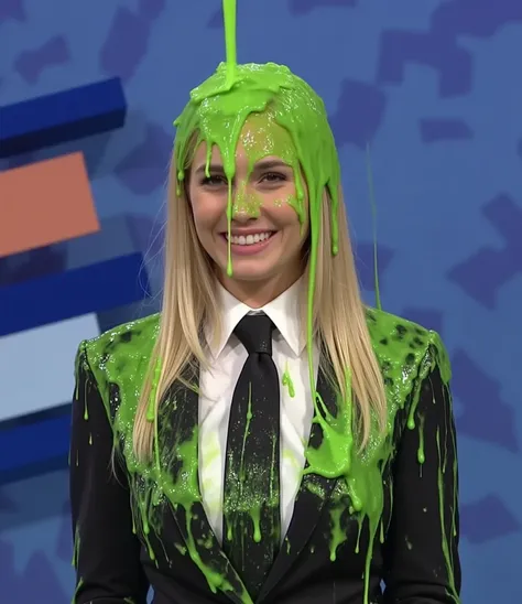 DSLR photograph. Beautiful blonde girl in a smart suit and slime splattered black tie covered in green water. (Photorealistic: 1.4). (Raw photo: 1.2). Gameshow background. strict uniform covered in slime, tie dripping with slime, Raining slime. Green slime...