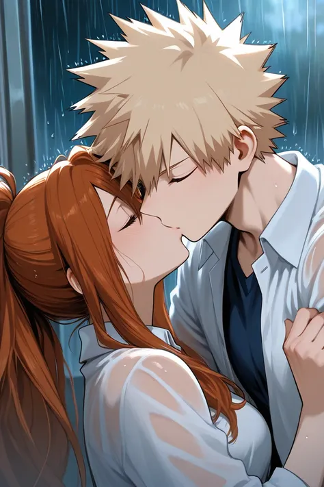 bakugo katsuki, girl with really long auburn hair in a ponytail, couple, romantic, kissing, rain, detailed, cute