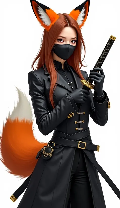 The image shows a young woman with fantastic style features and elements inspired by a fox..  He wears a tight black suit with elegant details ,  composed of a coat Length that is tied at the waist with metal buckles .  It has bright orange fox ears with b...