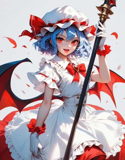 1girl, remilia scarlet, solo, bat wings, hat, wings, red eyes, bat \(animal\), blue hair, short hair, hat ribbon, gloves, dress, spear the gungnir, ribbon, white background, simple background, mob cap, alternate costume, flower, hat flower, smile, weapon, ...