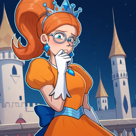  score_9_up, score_8_up, score_7_up, BREAK, JFMstudios, 1girl, solo, terra mandrile, orange hair, glasses, blue shoes, freckles, crown, orange dress, white gloves, earrings, princess, puffy sleeves, elbow gloves, blue stripes on dress, half body, castle ba...