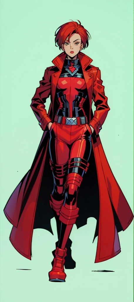 a drawing of a man in a red coat and black pants, 90s comic book character design, full body black and red longcoat, no more heroes concept art, new costume concept design, as a retrofuturistic heroine, inspired by Frank Miller, dystopian sci-fi character,...