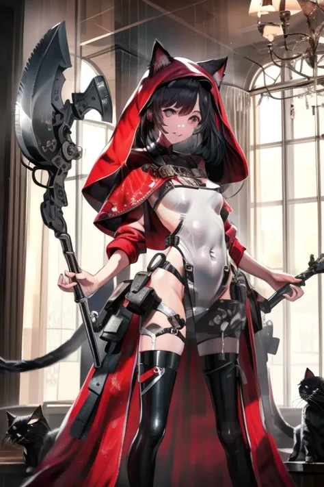  top quality,   ultra high resolution,(( cute  playing with cats)),( small tits), Hands a Big Axe、 semi-long black hair, brown eyes, Little Red Riding Hood,white and red costume