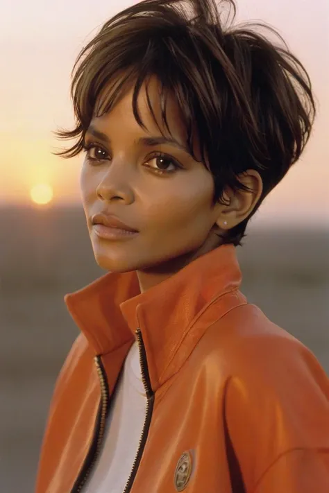 Young halle berry, very short hair, wearing an orange sports jacket, sunset