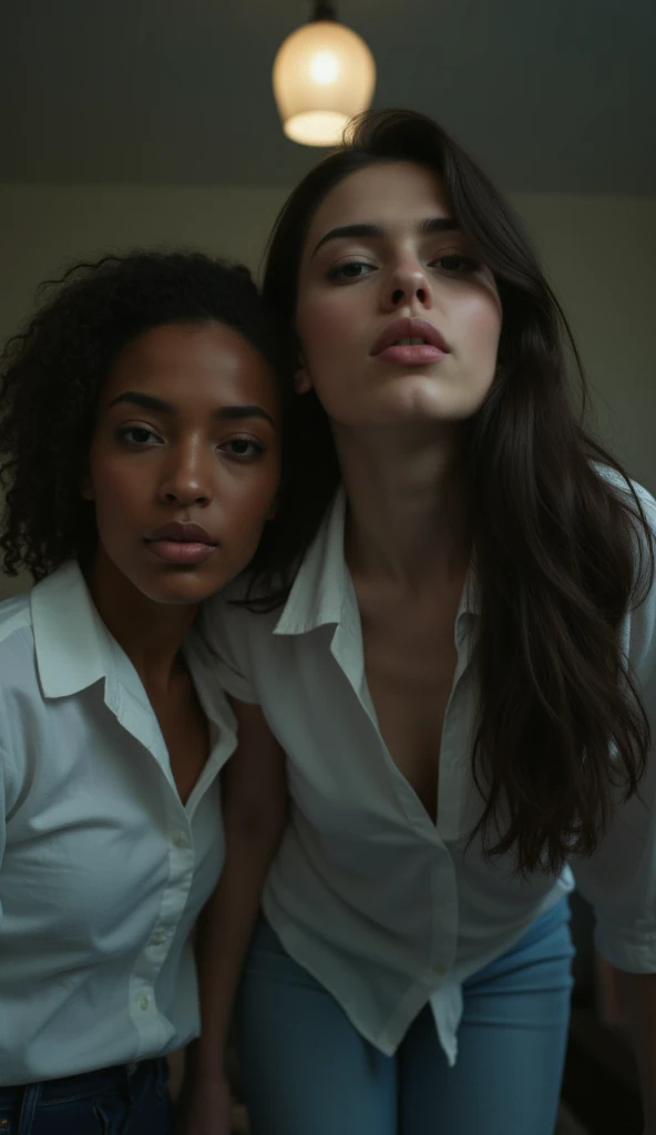 Amateur photo, sharp detail, realistic detail, bokeh. Dramatic low angle looking up at subjects as they stand looking down to look at the viewer. Medium shot. Two androgynous women, 18 years old, one black woman, one pale white woman with  dark hair,  sedu...