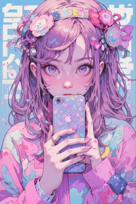   anime girl hiding her mouth with a decorated cell phone,Decora style illustration, soft anime illustration , Cell Phone-Themed Girl , anime girl holding a cell phone  ,Cute aesthetics,  pastel goth style  ,   anime atmosphere  , anime style, Lisa Frank &...