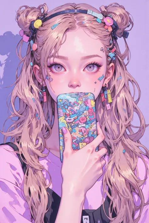   anime girl hiding her mouth with a decorated cell phone,Decora style illustration, soft anime illustration , Cell Phone-Themed Girl , anime girl holding a cell phone  ,Cute aesthetics,  pastel goth style  ,   anime atmosphere  , anime style, Lisa Frank &...