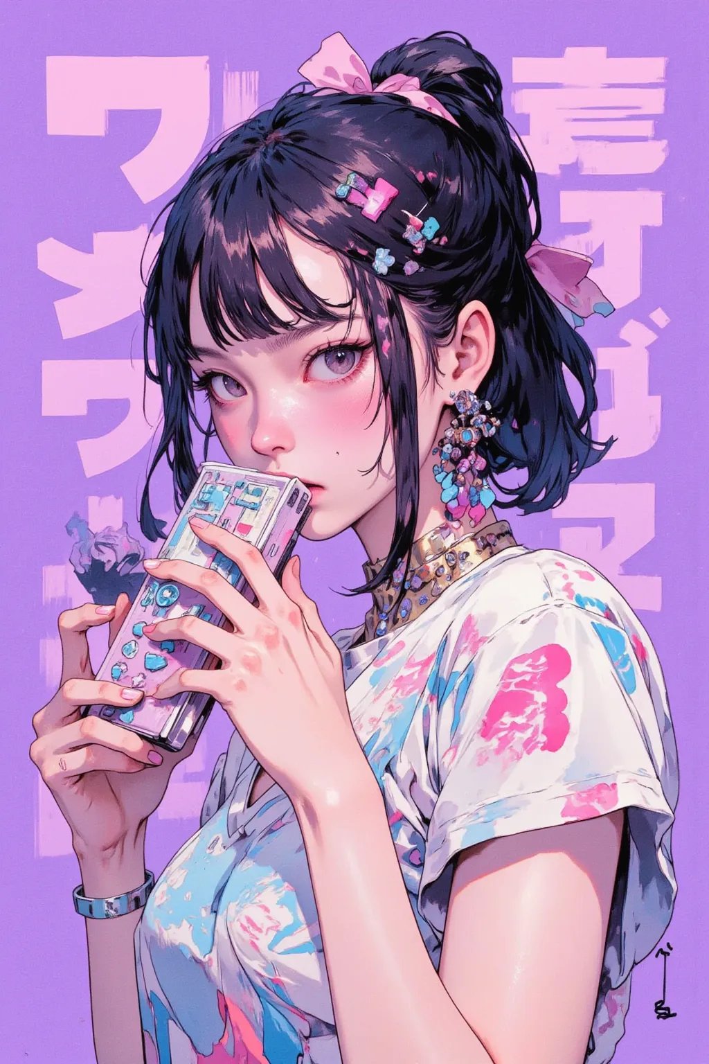   anime girl hiding her mouth with a decorated cell phone,Decora style illustration, soft anime illustration , Cell Phone-Themed Girl , anime girl holding a cell phone  ,Cute aesthetics,  pastel goth style  ,   anime atmosphere  , anime style, Lisa Frank &...