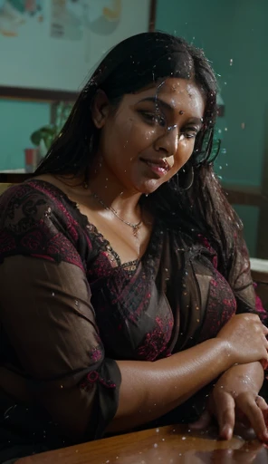 Full body image A radiant South Indian 40 year old bbw woman, sitting on a office chair, looking at viewers, wearing a silky chiffon black colour body fit transparent short skirt and highly embroideried red colour strapless deep neck blouse wearing plus si...